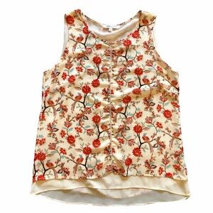 Rose + Olive Layered Floral & Bird Pattern Sleeveless Blouse • EUC